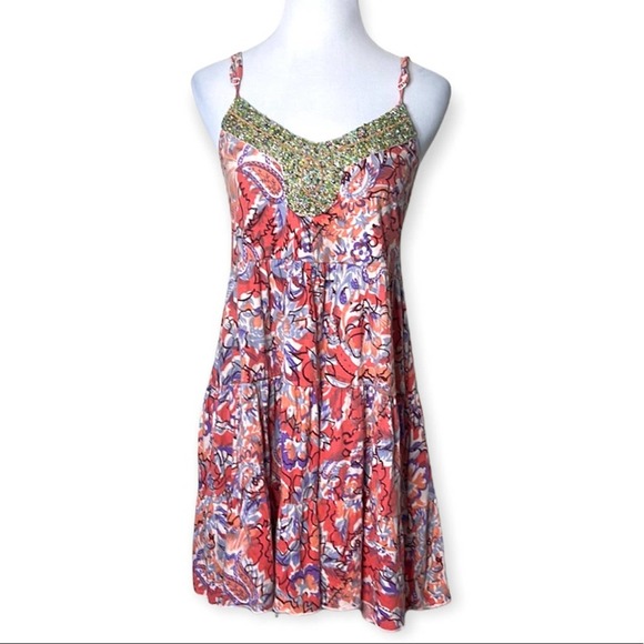 Free People Jeweled Dress Printed Beaded Tiered Ruffle Dress Size Small - Picture 2 of 8